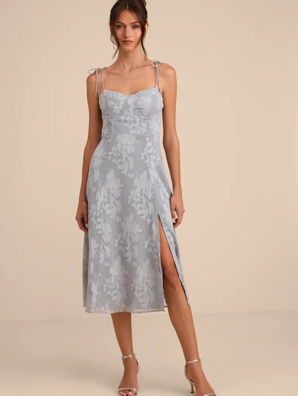 Lulus Dusty Blue Floral Jacquard Midi Dress – Size Medium – NWT